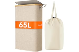 Lifewit 65L Slim Laundry Basket, Laundry Hamper with Lid, Narrow Laundry Bin with Removable Bag & Bamboo Handles, Foldable Th