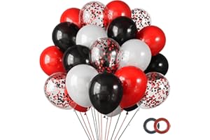 RUBFAC 65pcs 12 Inches Red Black White Balloons Kit, Black Red White Confetti Party Balloons with Ribbons for Birthday, Wedding, Baby Shower, Graduation Decorations