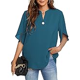 FUNLINGO Women's Summer Tops Short Sleeve Casual Shirts V Neck Chiffon Dressy Blouse Tops