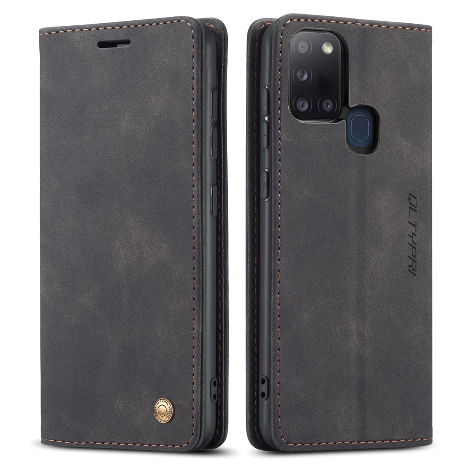 QLTYPRI Case for Samsung Galaxy A21S, Vintage PU Leather Wallet Case Card Slot Kickstand Magnetic Closure Shockproof Flip Folio Case Cover for Samsung Galaxy A21S - Black