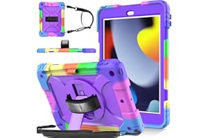 BMOUO iPad 9th Generation Case, iPad 8th/7th Generation Case, iPad 10.2 Case,Hybrid Shockproof [360 Rotating Stand] [Hand Strap] [Pencil Holder] Kids Case for New iPad 10.2" 2021/2020/2019 - Purple