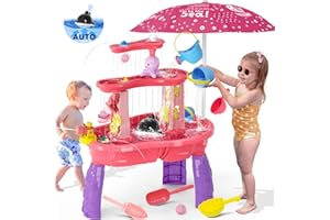 KIZJORYA 【2024 Newest】Auto Water-Absorbing Water Table for Toddlers 3-5, 3-Tier Kids Water Table with Umbrella Splash Pond, Outdoor Toys Sand and Water Table for Age 3+, 20PCS Water Toy Accessories (Pink)