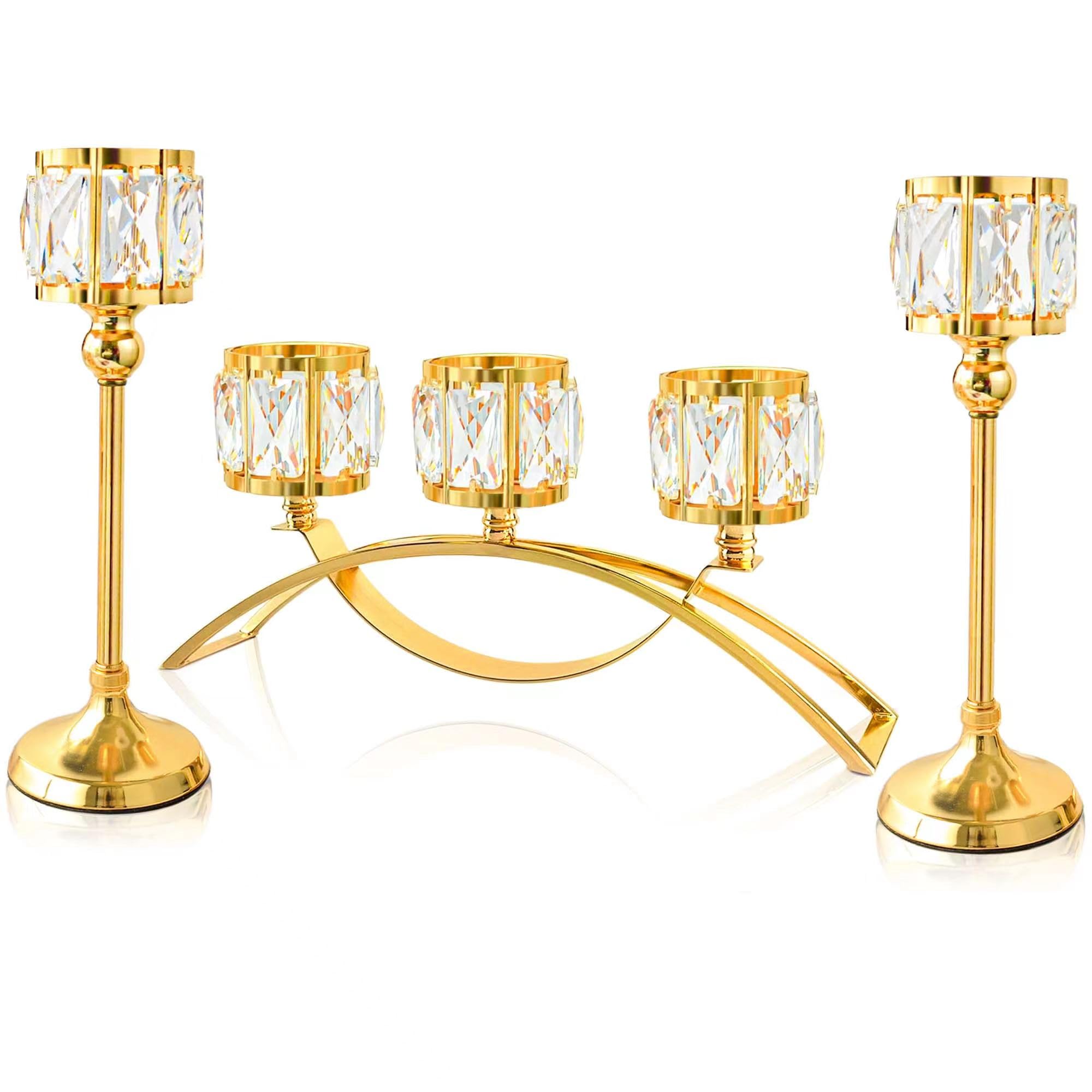 Photo 1 of 3 Arms Crystal Bowl Tealight Candelabra Votive Candle Stand, Wedding centerpieces for Tables Crystal Candlestick?Centerpiece Table Decorations (Set of 3 Pure Gold)