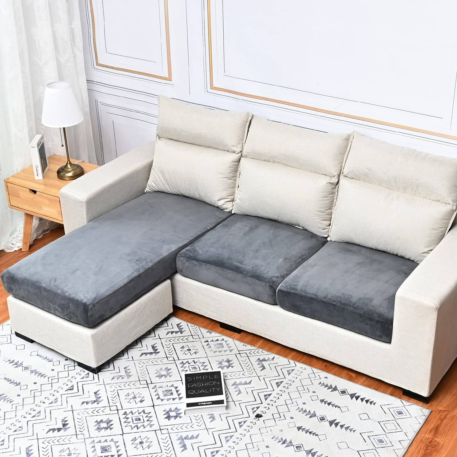 Rosnek Sofa Cushion Covers, Stretch Velvet Sofa Seat Cover for 4 Seater, Universal Non-Slip Elastic Couch Slipcovers Replacement, Stretch Home Furniture Protector with Elastic Bottom, 1PCS, Dark Grey