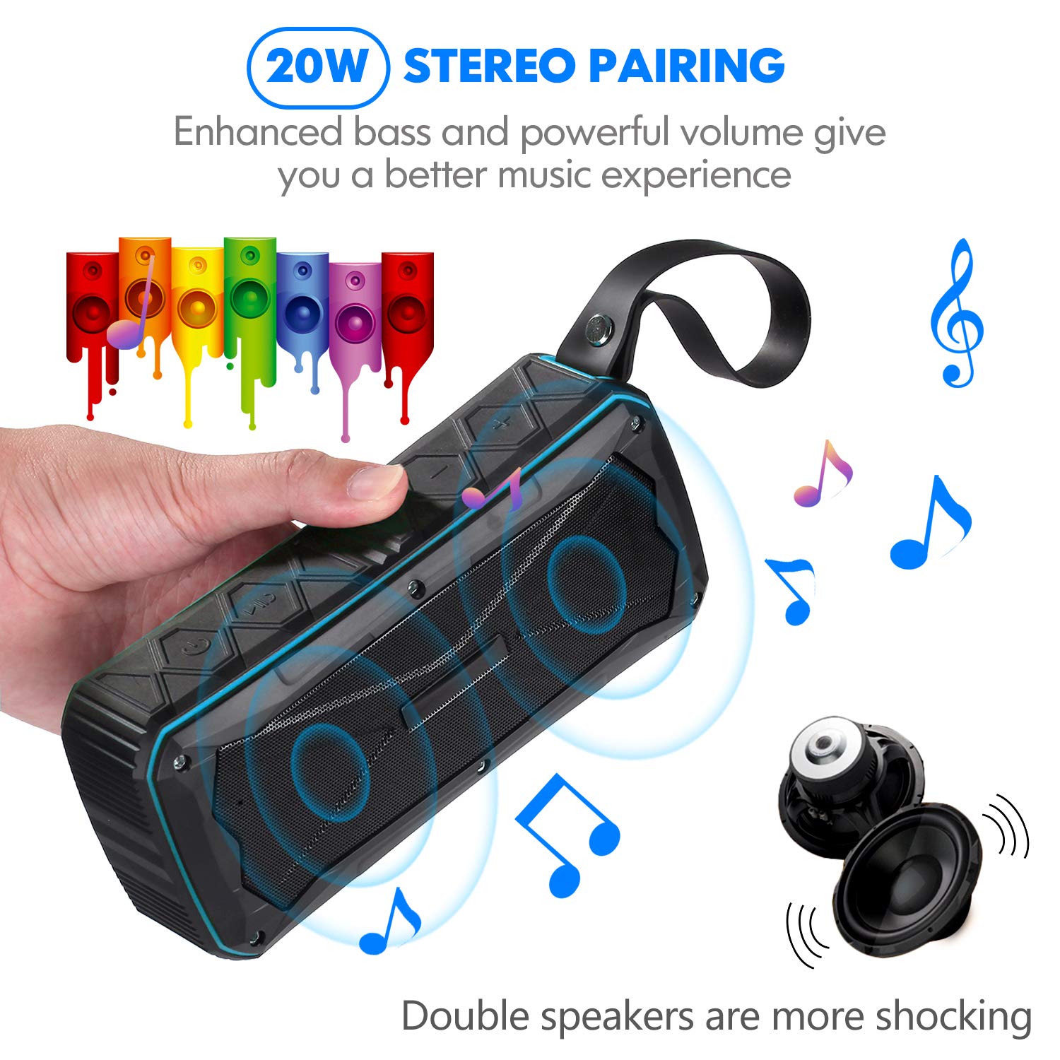 Portable Bluetooth Speaker Waterproof IP67,20W Stereo Pairing,12H Playtime Enhanced Bass Wireless Outdoor Speakers with Built-in Mic and Power Bank for Party,Travel,Camping,Beach,Shower (Blue)
