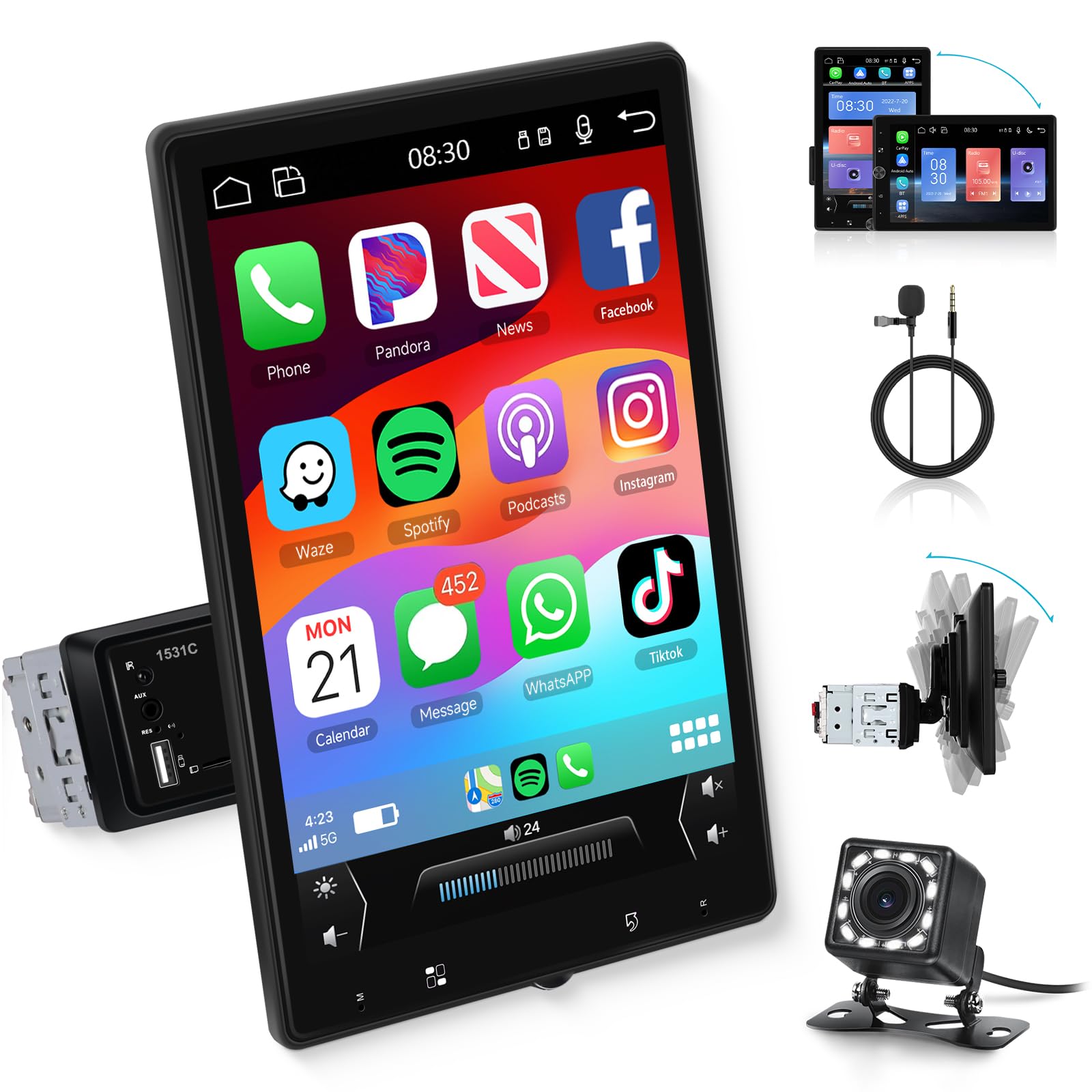 Photo 1 of 10.4" Single Din Single Din Touchscreen Car Stereo Wireless Carplay& Android Auto,Car Radio Stereo Bluetooth,Mirror Link,FM,Subwoofer,SWC,Backup Camera Voice Control Manual Rotatable Screen