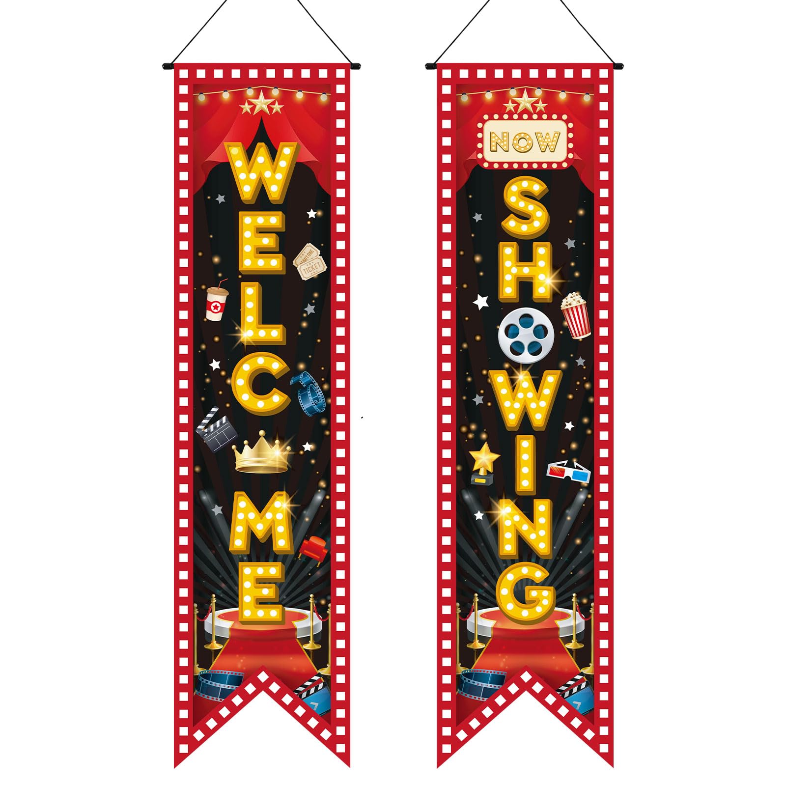 2pcs Movie Night Porch Banner, Welcome Now Showing Hanging Sign Movie Night Theme Party Decorations Supplies for Home Film Camera Action Party Backdrop Accessories(Style 3) β image 1