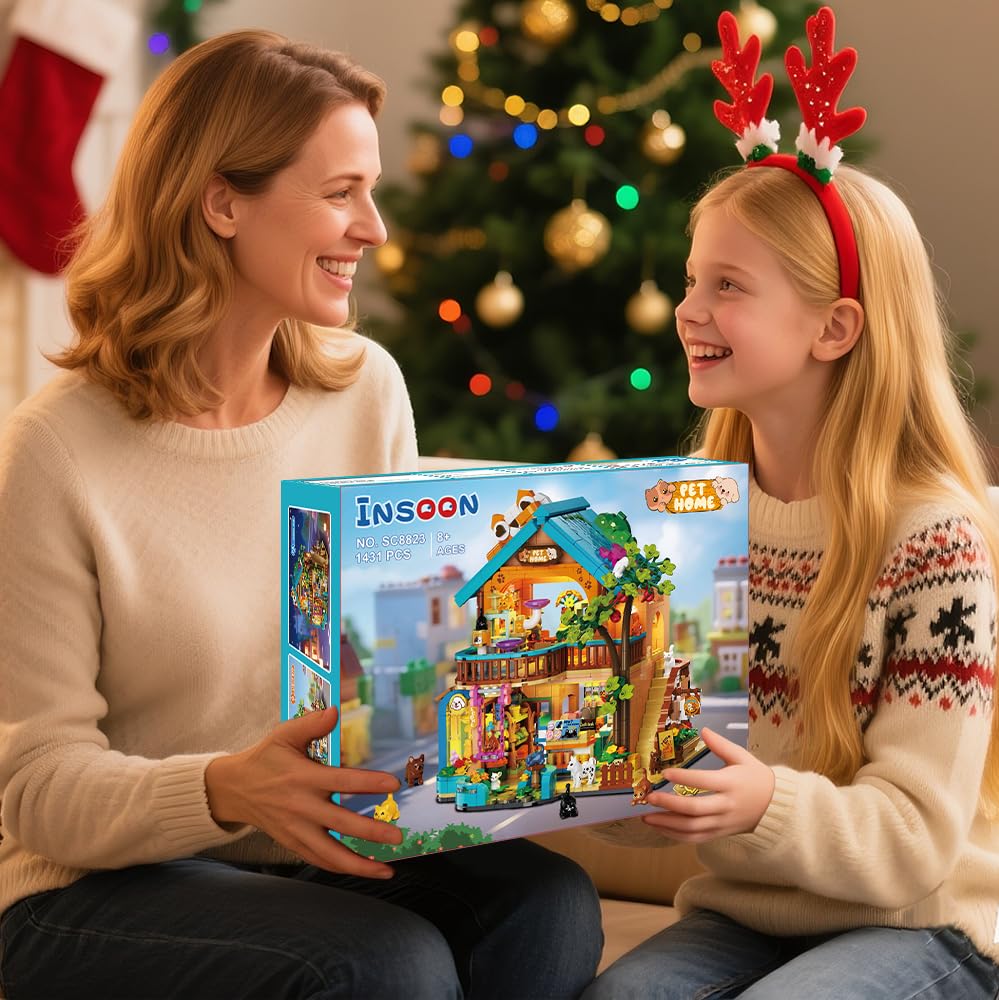 INSOON City Haustierladen Bauspielzeug mit Lichtern, Haustierhaus Klemmbausteine Spielzeug mit Katzen Hunden Kaninchen, 1431 Stück Tierladen Modell für Erwachsene Kinder Jungen Mädchen ab 10-12+ 9