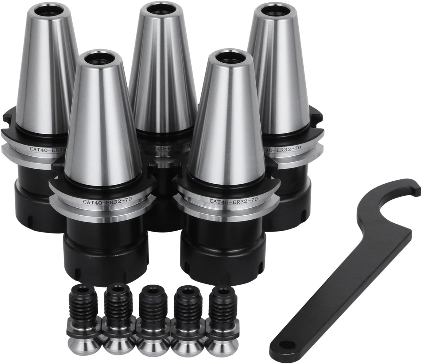 OrangeA 5 PCS Collet Set CAT40 ER32 Collet Chuck with Pull Stud Spanner Wrench Collet Chuck for CNC Engraving Machine & Milling Lathe Tool (CAT40 ER32 with Pull Stud Spanner Wrench)
