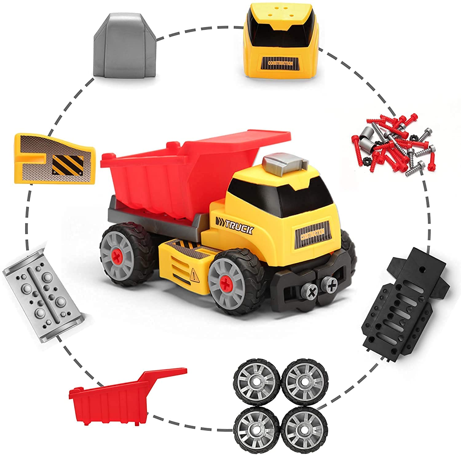 7-in-1 Take Apart Construction Toys 84pcs DIY Engineering Playset with Electric Drill, Play Mat, and Road Signs, Push & Go STEM Learning Bundle w/Lights, Sounds for Early Education, Boys and Girls 4+