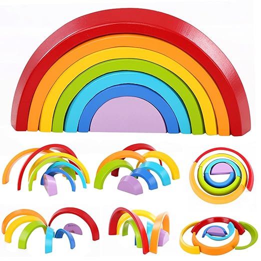 Lewo Holzbausteine Regenbogen Motorikspielzeug Steckspiel Geometrie Bausteine Pädagogisches Puzzle 7 Stücke für Kinder ab 3 J