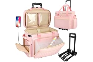 SIYNPAV Rolling Teacher Bag with Accordion File Organizer, USB Port& 15.6 Inch Laptop Compartment, Wheeled Teacher Tote Bag with Detachable Trolley for Teaching& Office Supplies Storage (Pink)