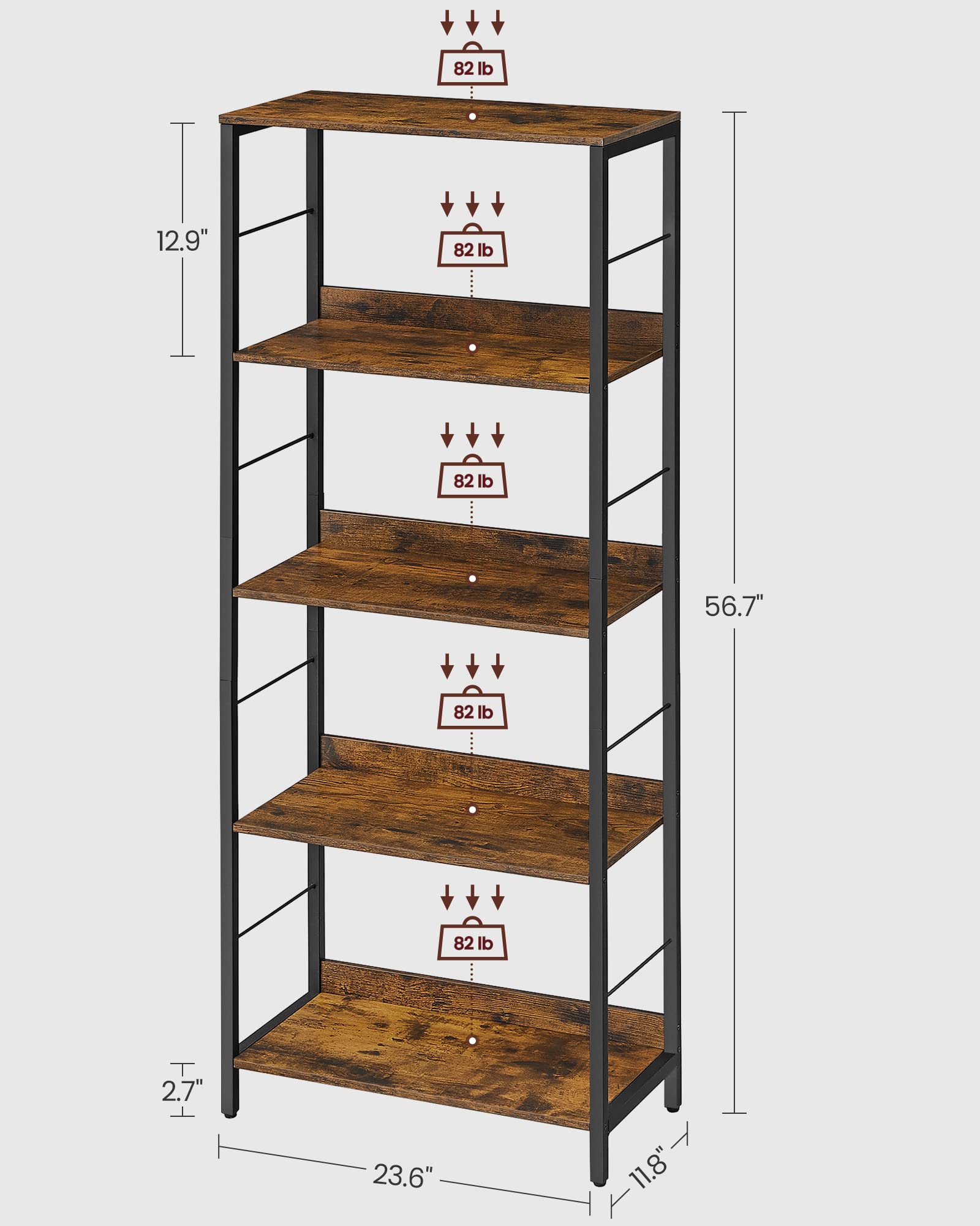 VASAGLE 5-Tier Bookshelf, Bookcase for Office, 11.8 x 23.6 x 56.7 Inches, Shelving Unit, with Back Panels, Industrial Style, for Living Room, Study, Home Office, Rustic Brown and Black ULLS117B01