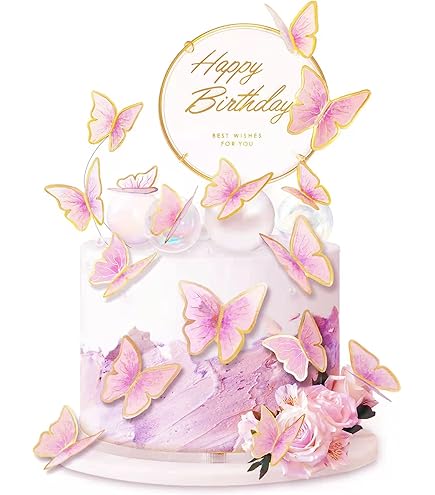 Purple & Gold Butterfly Cake Topper Set - 1 Acrylic 'Happy Birthday' Sign & 15 3D Butterflies For Cupcakes - View #8