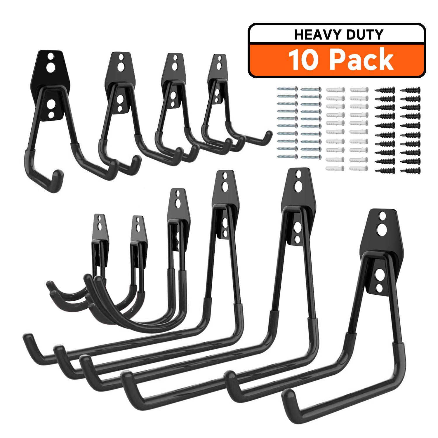 10-Pack Steel Garage Storage Utility Double Hooks, Heavy Duty for Organizing Power Tools, Ladders, Bulk items, Bikes, Ropes etc. (Black)