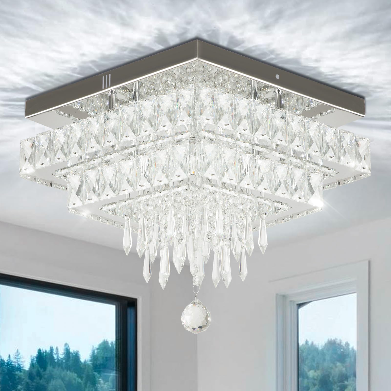 Photo 1 of Finktonglan 13'' Square Crystal LED Ceiling Light, Modern Chandeliers with Multilayer Crystal, Flush Mount Ceiling Lights for Dining Room, Bedrooms, Entryway, Living Room, 6500K Cool White