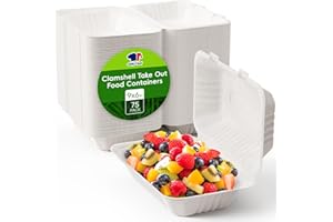 JOLLY CHEF Clamshell Take Out Food Containers, [9 * 6" 75-Pack] To Go Containers Disposable, Sugarcane To Go Boxes for Thanksgiving, Salad,Lunch