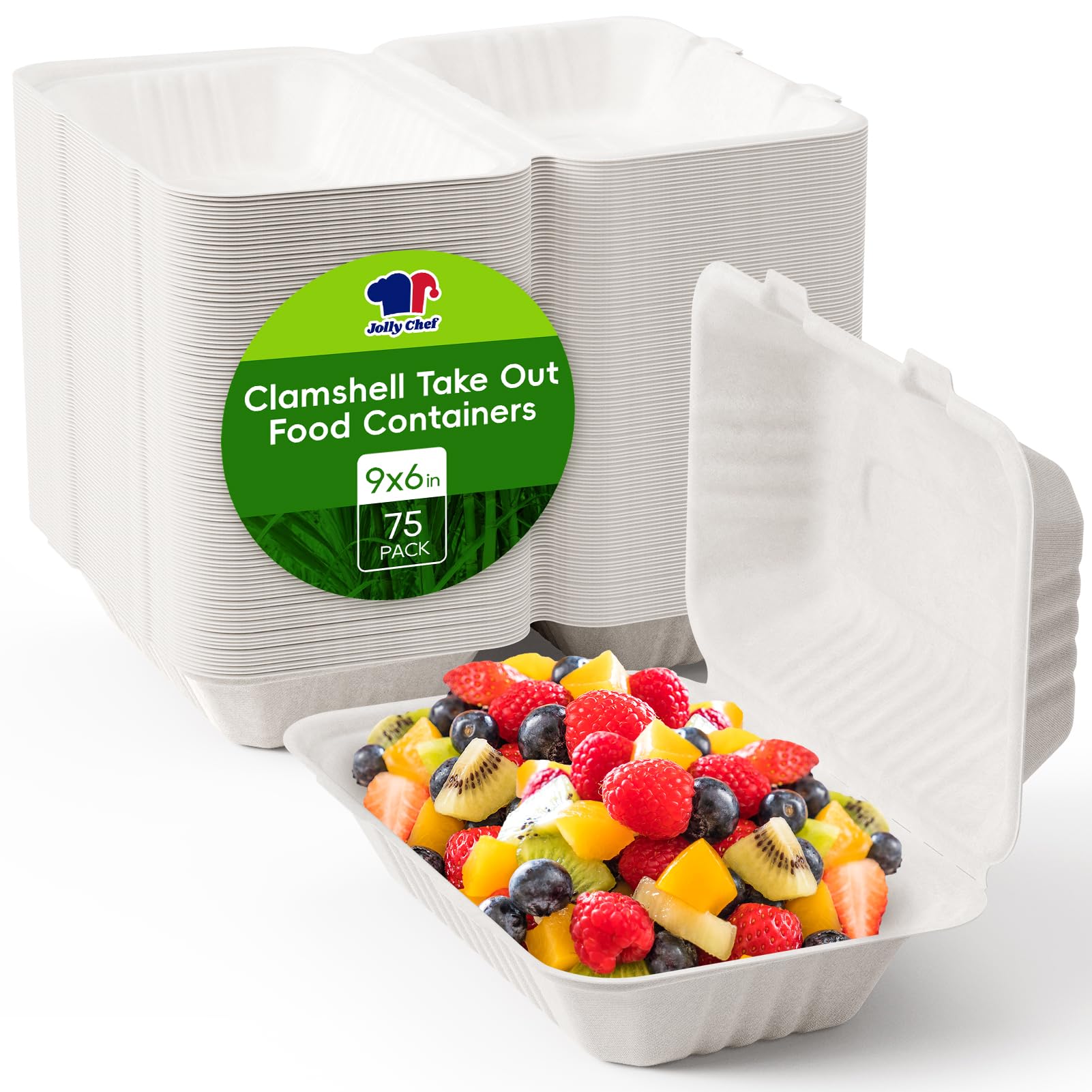 Photo 1 of JOLLY CHEF Clamshell Take Out Food Containers, [9 * 6" 75-Pack] To Go Containers Disposable, Sugarcane To Go Boxes for Salad,Lunch