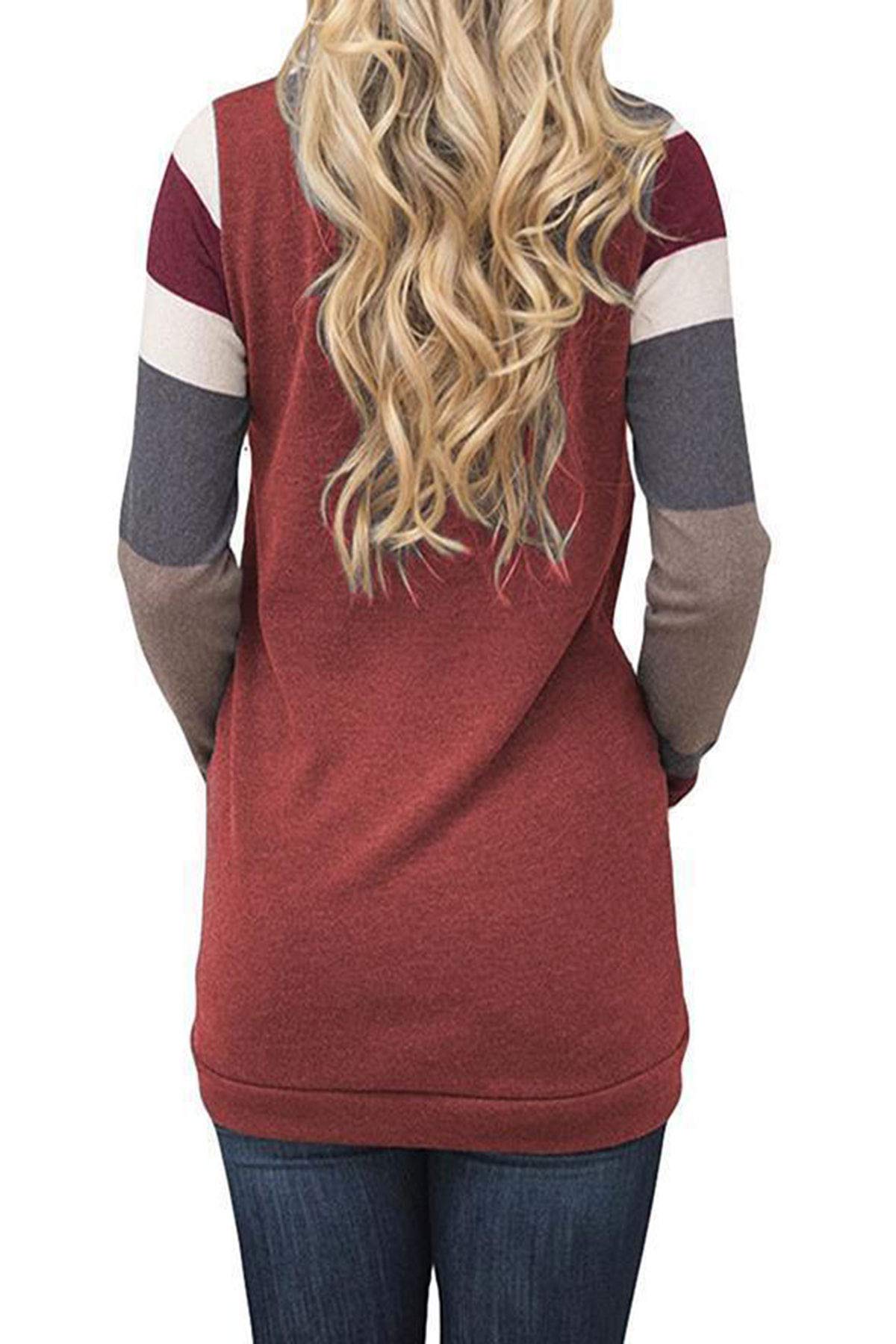 IMIDO Womens U Neck Tops Striped Color Block T-Shirts Casual Pullover Lightweight Long Sleeve Tunic Blouses (M, B-Wine Red)