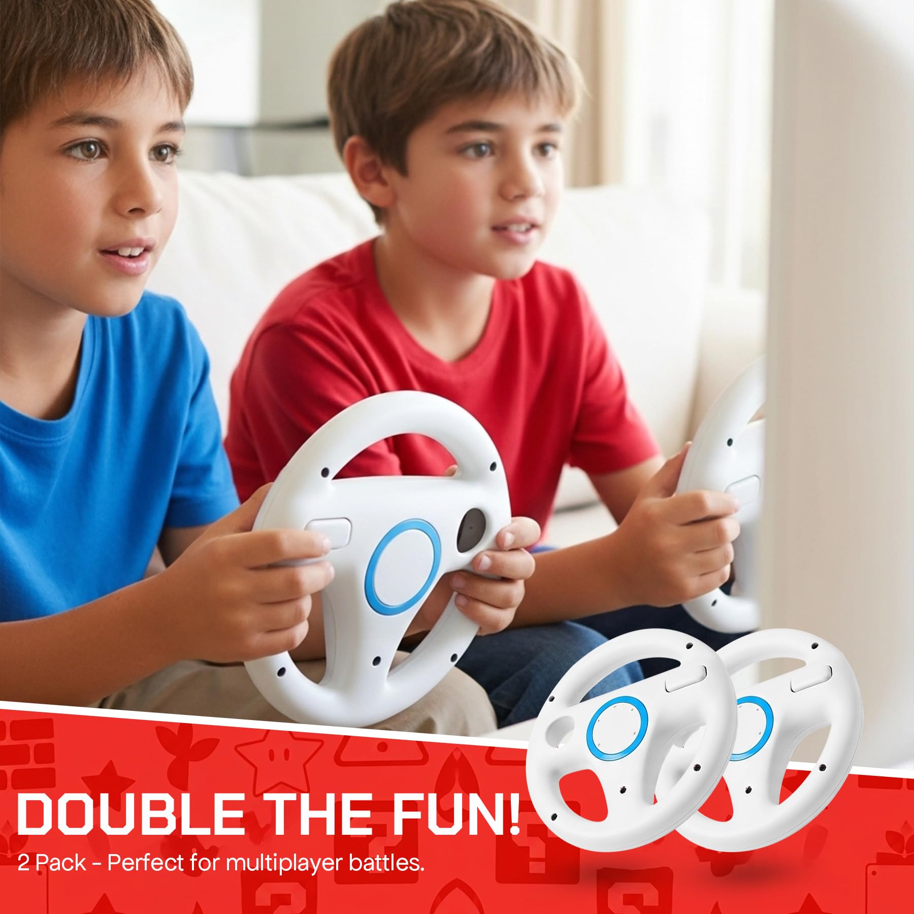 Old Skool Mario Kart Racing Wheel Compatible with Nintendo Wii and Wii U 2 Pack - White