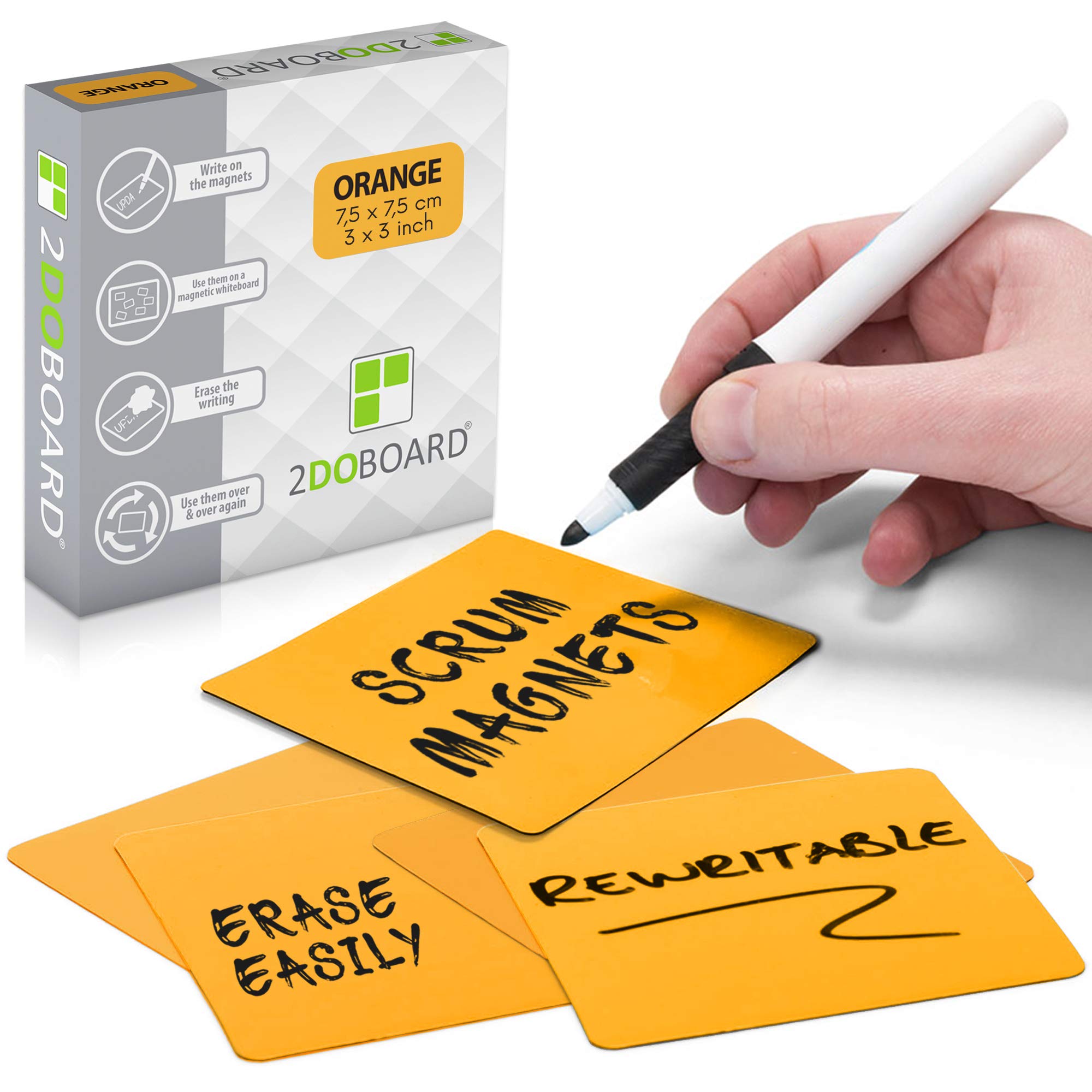 2DOBOARD 25 Magnetic Notes - Magnetic Sticky Notes 3 x 3 in – Fun Dry Erase Whiteboard Magnets for Fridge, Office, Classroom - Easy to Clean & Reuse Stick Notes (Orange)