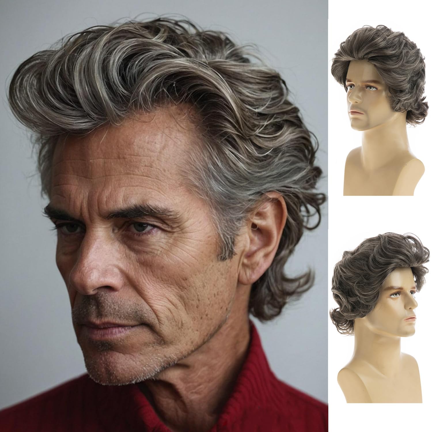 Qnbiar Mens Wig Mixed Brown Short Wavy Layered Hair Synthetic Cosplay Party Wig,Brown Mixed Gray