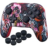 YoRHa Studded Silicone Transfer Print Cover Skin Case ONLY for Nitendo Official Switch Pro Controller x 1(Dragon Red) with Pro Thumb Grips x 8