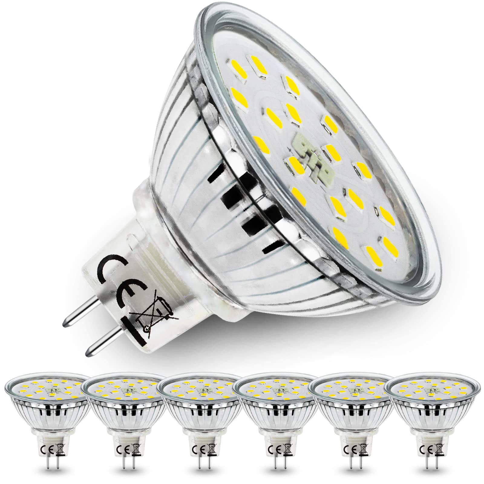 Allesgute 6X MR16 LED Bulbs Cool White, 5W GU5.3 LED Light Bulbs Replace 45W Halogen, 120° Beam Angle AC/DC 12V Spotlights, 2 Pin Energy Saving Lightbulb
