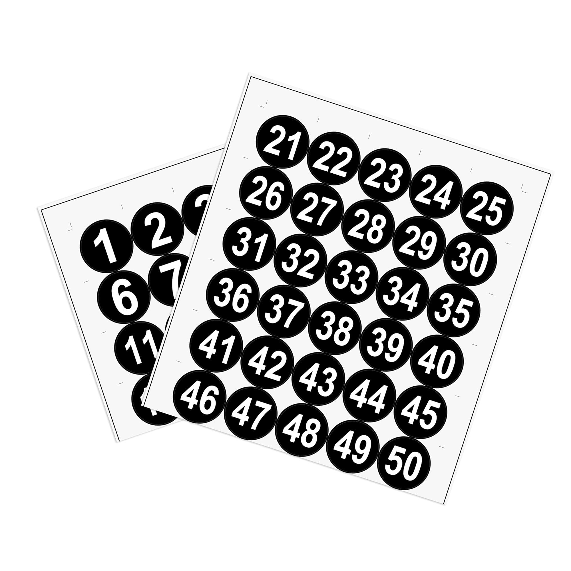 sourcing map Round Number Stickers, 50mm Dia Number 1-50 Self Adhesive PVC Label Waterproof White Word(Black Background)