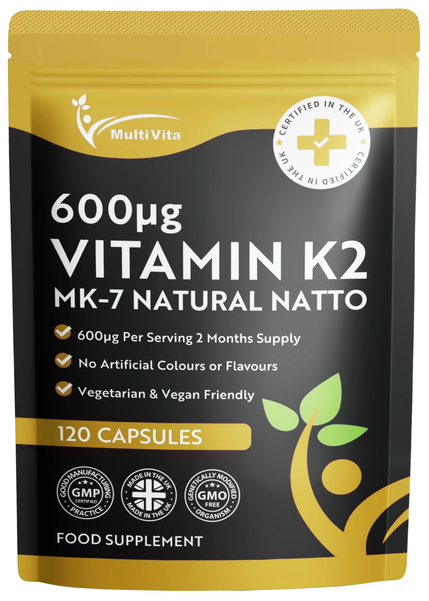Vitamin K2 MK7 600mcg Per Serving | Fermented Natural Natto Source | Vegan Vitamin K2 | 120 Capsules 2-Month Supply | VIT K2 Menaquinone MK-7 not Tablets | High Strength Supplement