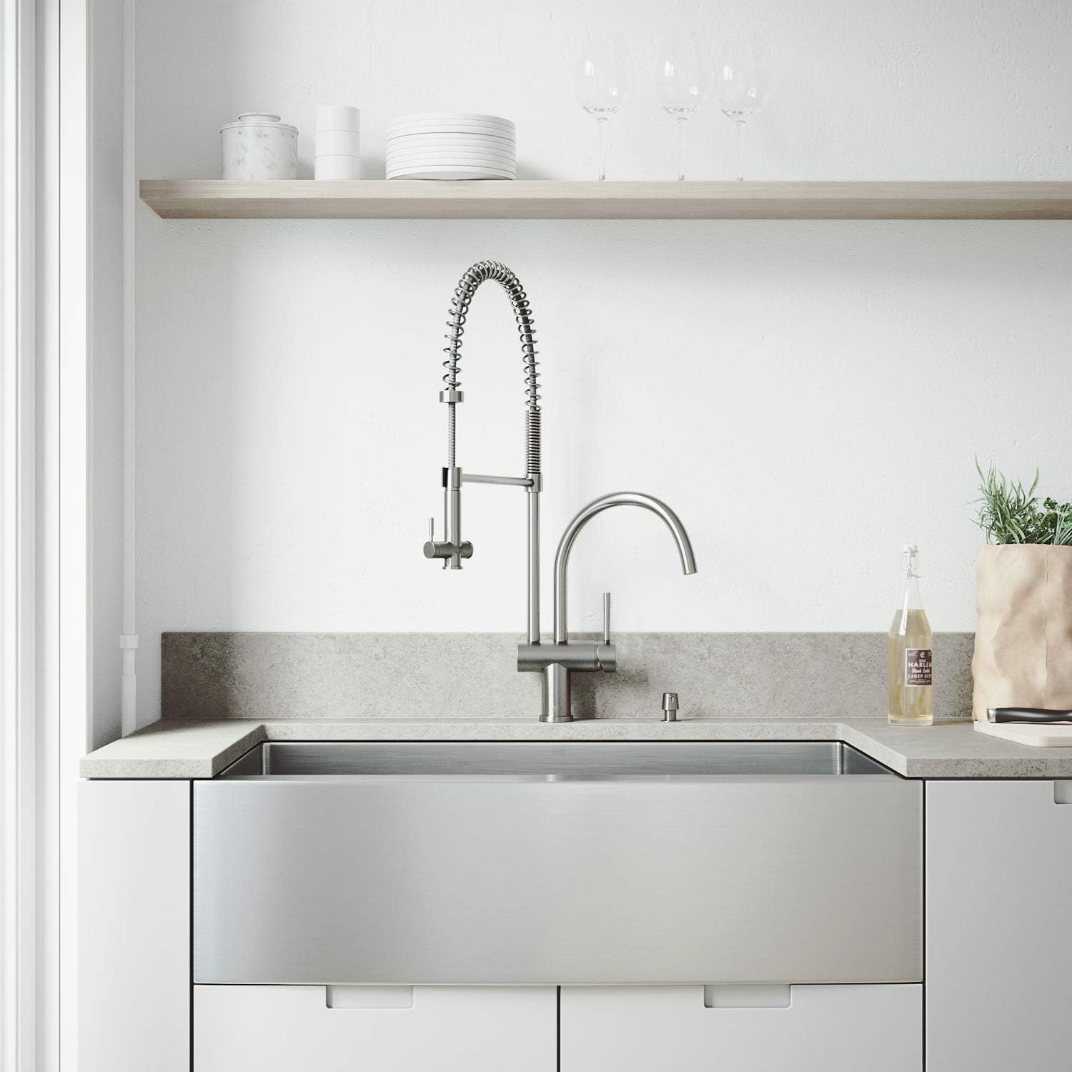 VIGO 36 inch Farmhouse Apron Single Bowl 16 Gauge Stainless Steel Kitchen Sink with Dresden Stainless Steel Faucet, Grid, Strainer and Soap Dispenser