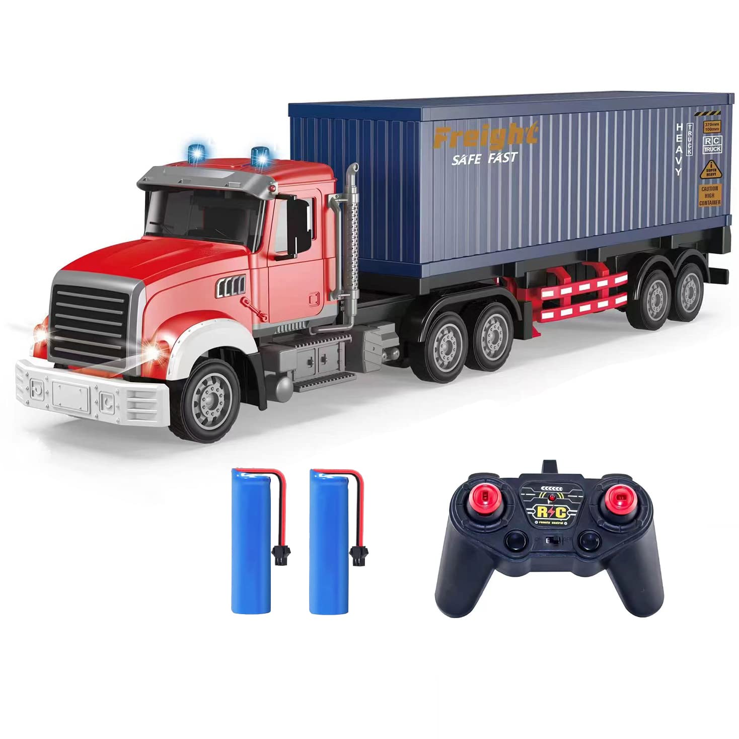 Photo 1 of RC Semi Truck with Trailer - 22.5 Inch Toy for Kids, Carrier Van Transport Vehicle with 2 Rechargeable Batteries, 1:24 Container Truck with LED Lights & Music, Great Gift For Boys & Girls