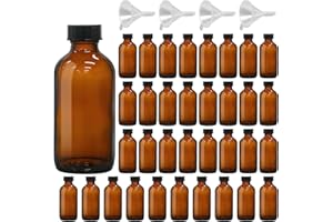 KEYWING 35 Pack 4oz Amber Glass Boston Round Bottles with Polycone Leak-Proof Phenolic Caps – Brown Airtight Refillable Containers for Homemade Vanilla Extract, Essential Oils, Herbal Medicine, and Syrups