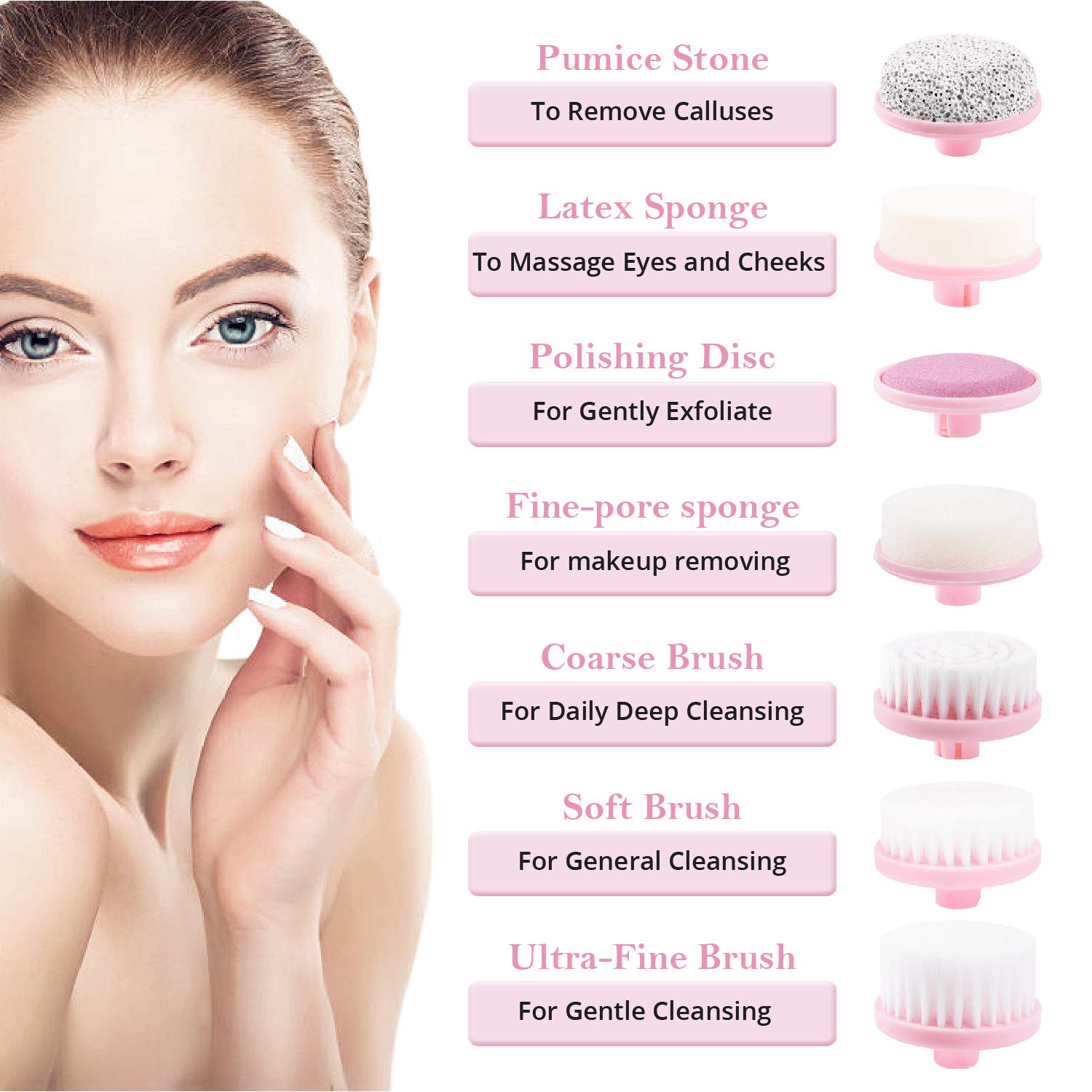 Electric Facial Cleansing Brush 7 in 1, Skin Spin face Brush for Deep Cleaning, Gentle Exfoliating, Blackhead Removing, Pearl Pink, Battery Operated: Beauty