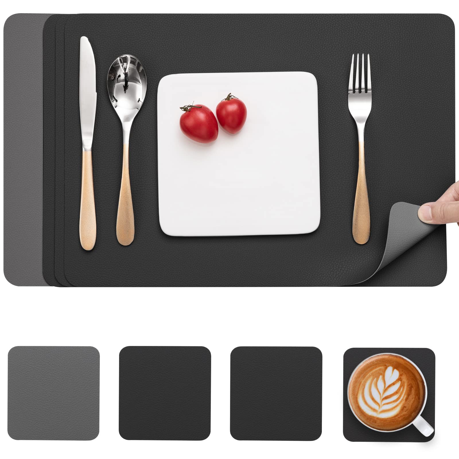 Myir JUN Leather Table Mats and Coasters, Dual-Sided Leather Placemats and Coasters Waterproof Placemats Set of 4 Place Mats Non-Slip Washable Table Mats (Grey Black, Set of 4)