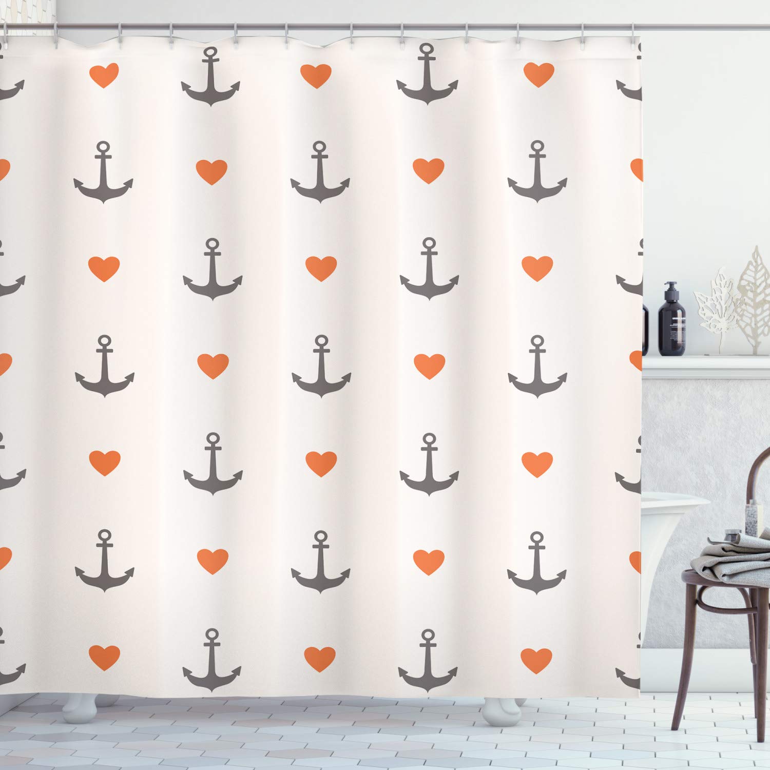 ABAKUHAUS Anchor Shower Curtain, Anchors and Hearts Romantic Beach Holiday Party Gathering Leisure Tour, Cloth Fabric Bathroom Decor Set with Hooks, 94 Inches, Vermilion Grey