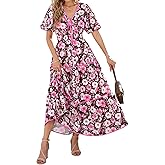 PRETTYGARDEN Women Summer Boho Maxi Dresses 2025 V Neck Puff Short Sleeve A-Line Flowy Tiered Floral Wedding Guest Dress