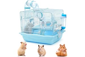 PStarDMoon Hamster Cage with Fun Tunnels, Critter Carrier with Running Exercise Wheels, Water Bottle, for Hamster Rat and Other Small Animals Travel Outdoor & Indoor Use (Blue, Tunnel)