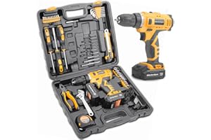 MasterSpec 47Pcs 12V Cordless Drill Driver & Household Hand Tool Kit with 1500mAh Battery, Carry Case, 3/8" Keyless Chuck, 18