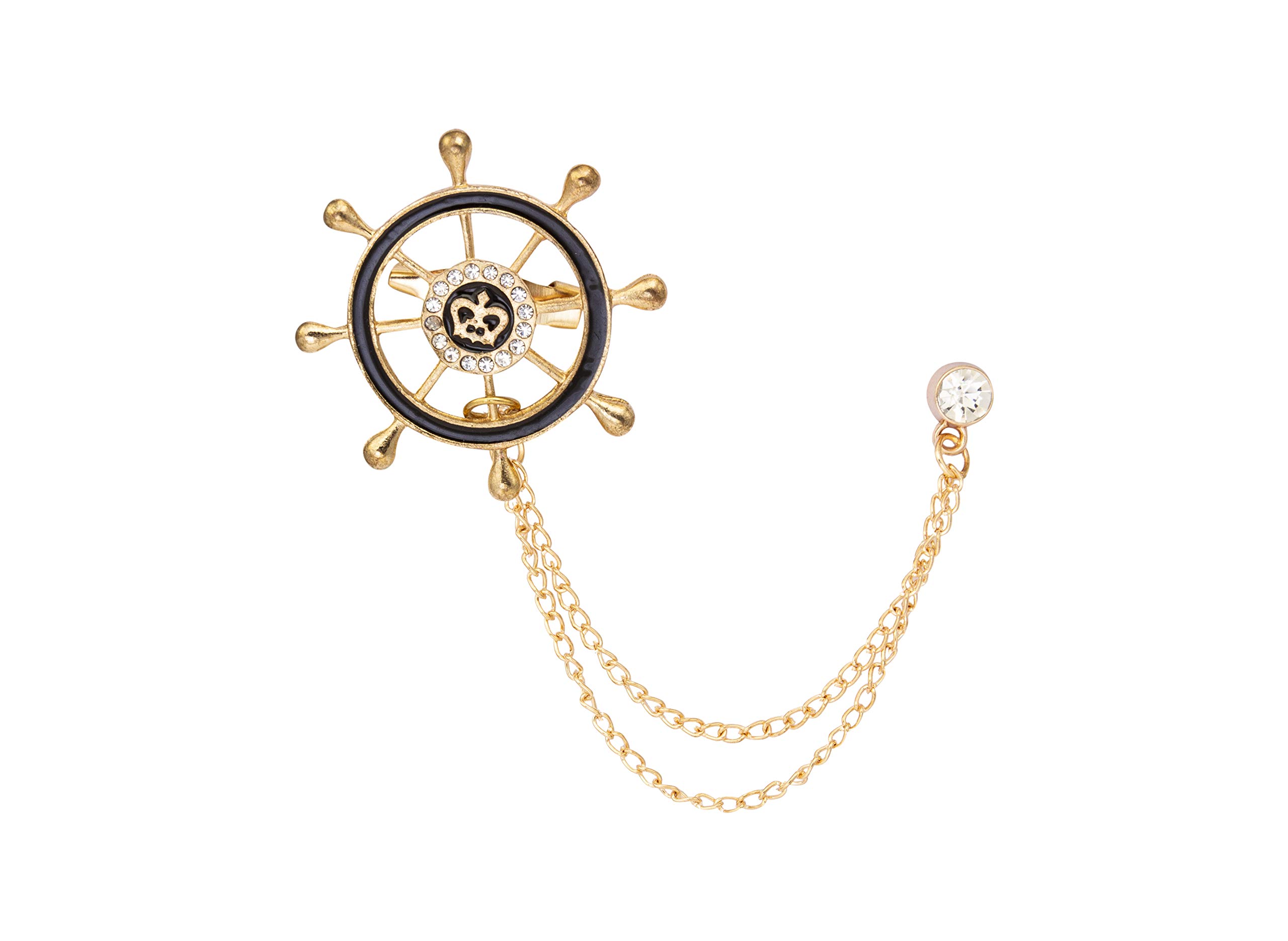 Brooch Lapel Pin for Men Black and Gold Steering Wheel Royal Crown Rudder Chain Metal Lapel Pin Badge Coat Suit Wedding Gift Party Shirt Collar Accessories