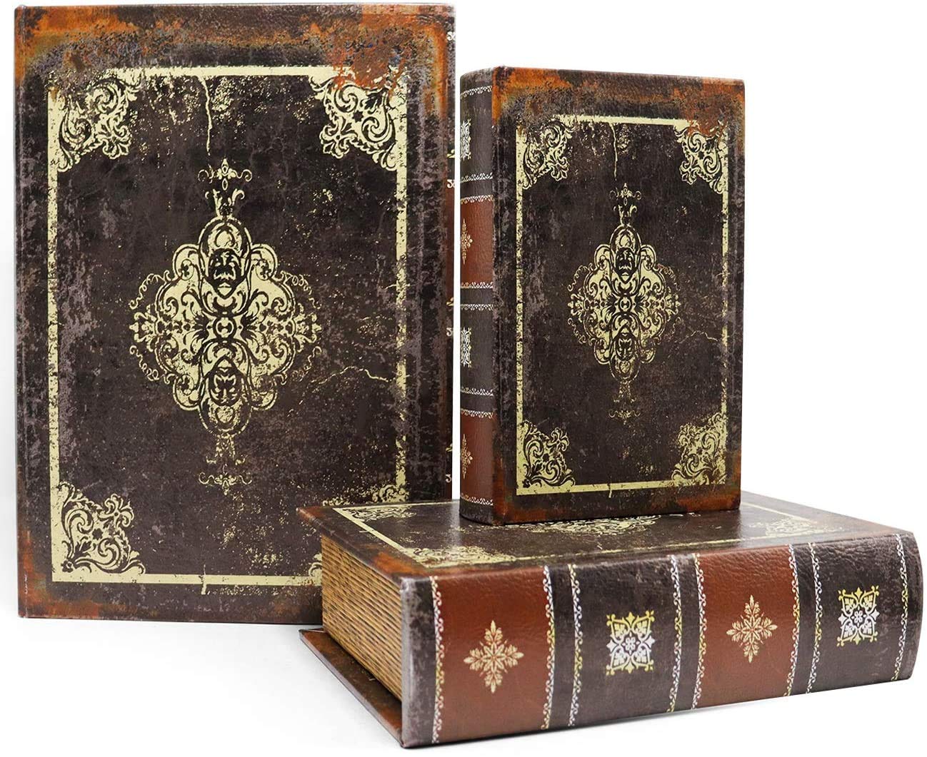 Jolitac 3 Pack Decorative Book Boxes, Wooden Antique Book with Magnetic Cover, Decor Vintage Storage Box (Vintage)