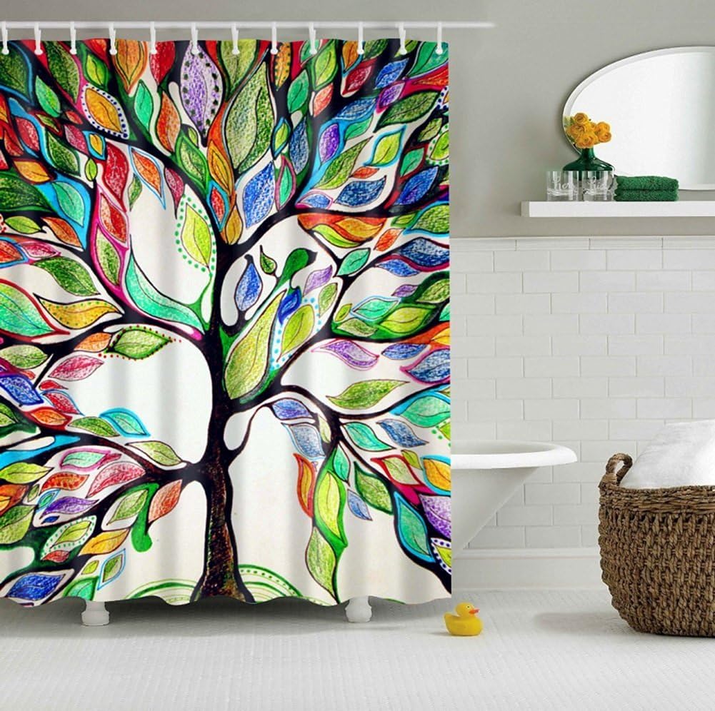 Shower Curtain , COFIVE Premium Bathroom Polyester Waterproof Colorful Tree Curtain with 12 Ring Hooks ,3D Printing ,Mouldproof Opacity, Non-Toxic, Non-Smelling, No-Hardening in Winter , Easy to Install &Clean ,180x180cm (Multicolor Tree)
