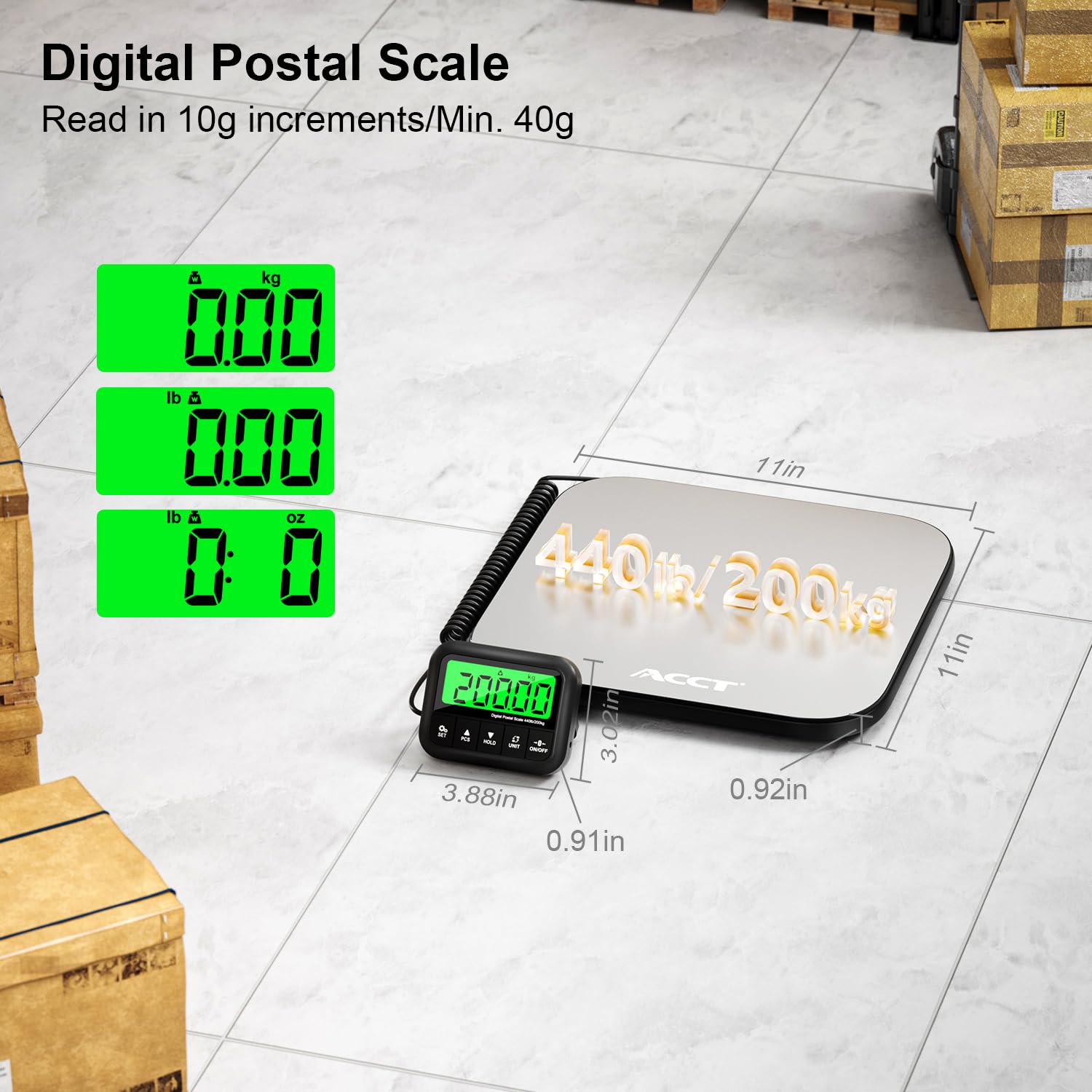 Condition photo showing New/Like New for 440 lb postal scale - stainless steel platform shipping scale | tare/hold/counting function for luggage, package, mail | lb/kg/lb:oz | heavy duty scale with battery & charging cable ps1