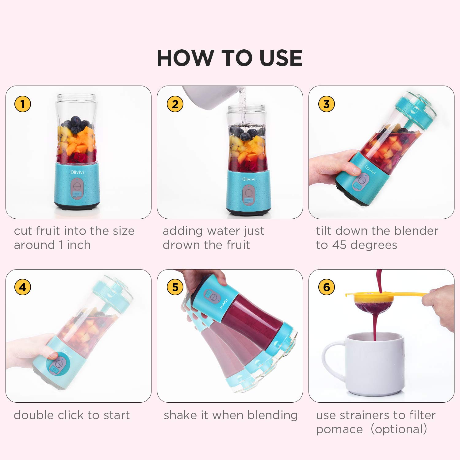 Portable Blender, Olivivi 2019 Mini Cordless Personal Blender for Shakes and Smoothies, Usb Rechargeable Small Protein Travel Blenders with Six Blades in 3D, 4000mah Batteries and 12.86oz Fruit Mixing Juicer Cup at Hom, Picnic, Office and S