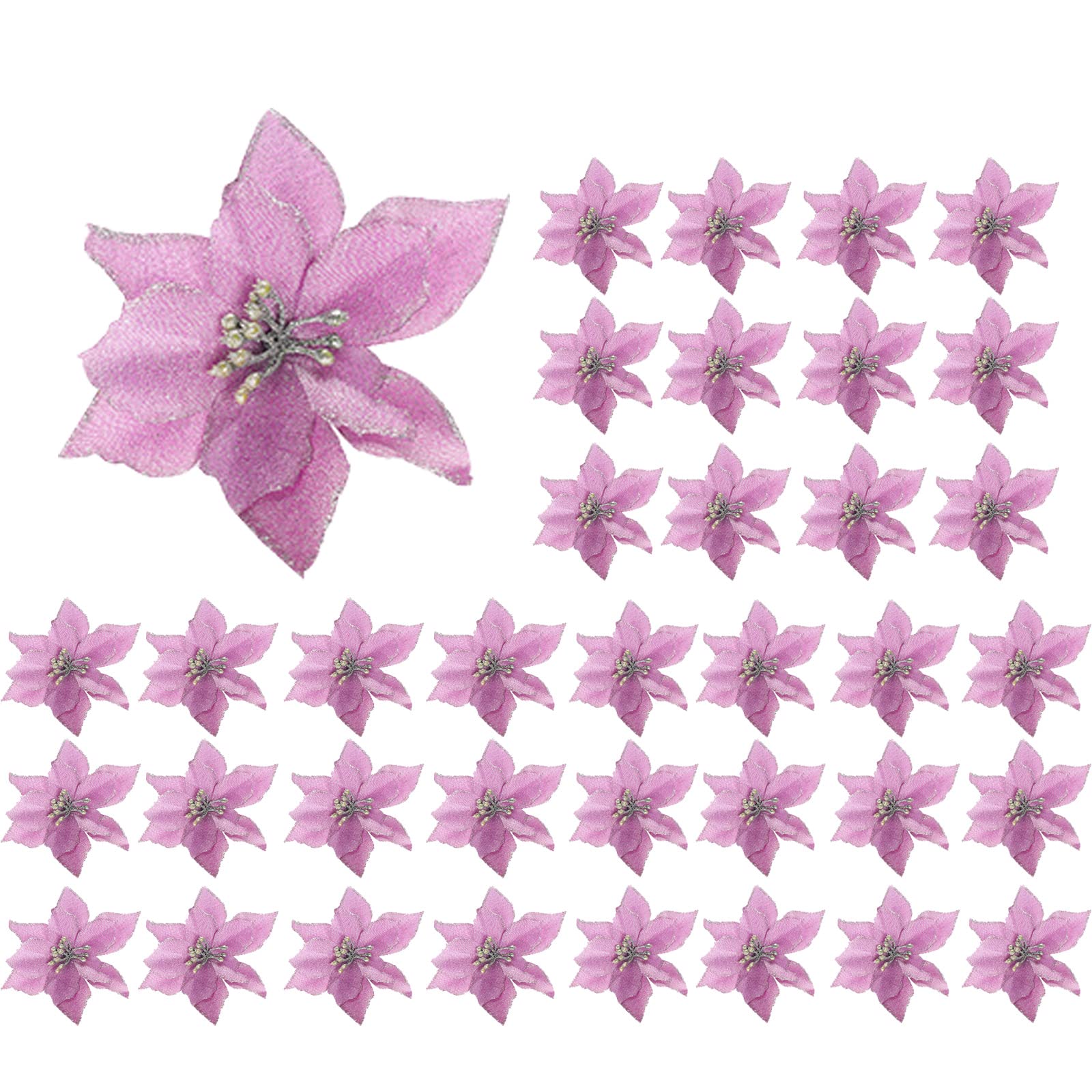 Okngr 36 Pcs Glitter Christmas Flower, Poinsettia Flowers Christmas Decor Large Artificial Christmas Flowers Christmas Tree Decoration for Home Party Wedding, Purple