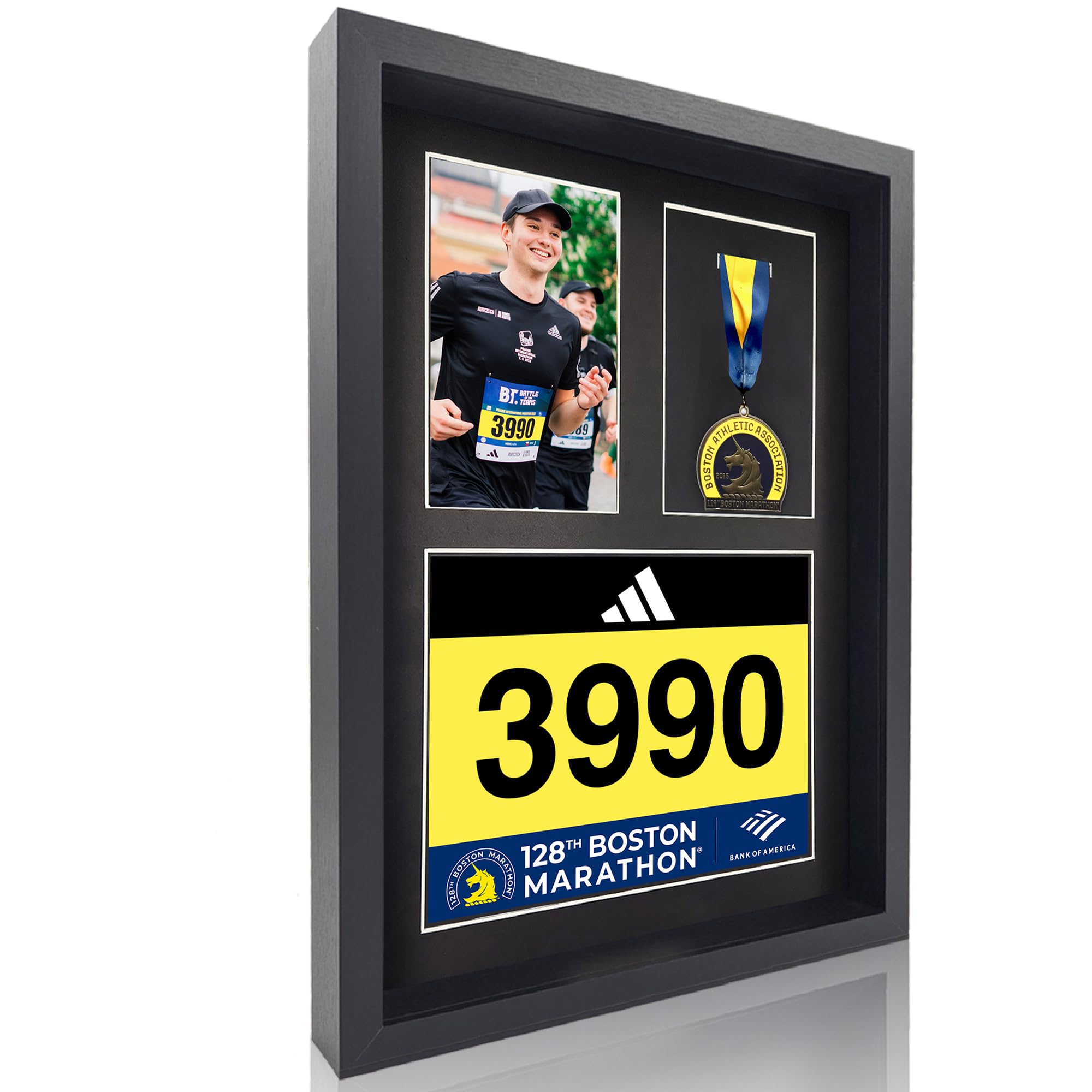 Photo 1 of 3-in-1 Shadow Box Display with Real Glass (Medal, Race Bibs, and Photo Display) – Marathon Medal Display and Frame, Triathlon & Running Bib Holder, Wall-Mounted, Real Tempered Glass - Black