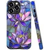 DAIZAG Case Compatible with iPhone 15 Pro Max,Glossy Durable Shock Protection Cover for Girl Women,Stained Glass Purple Lotus Flowers