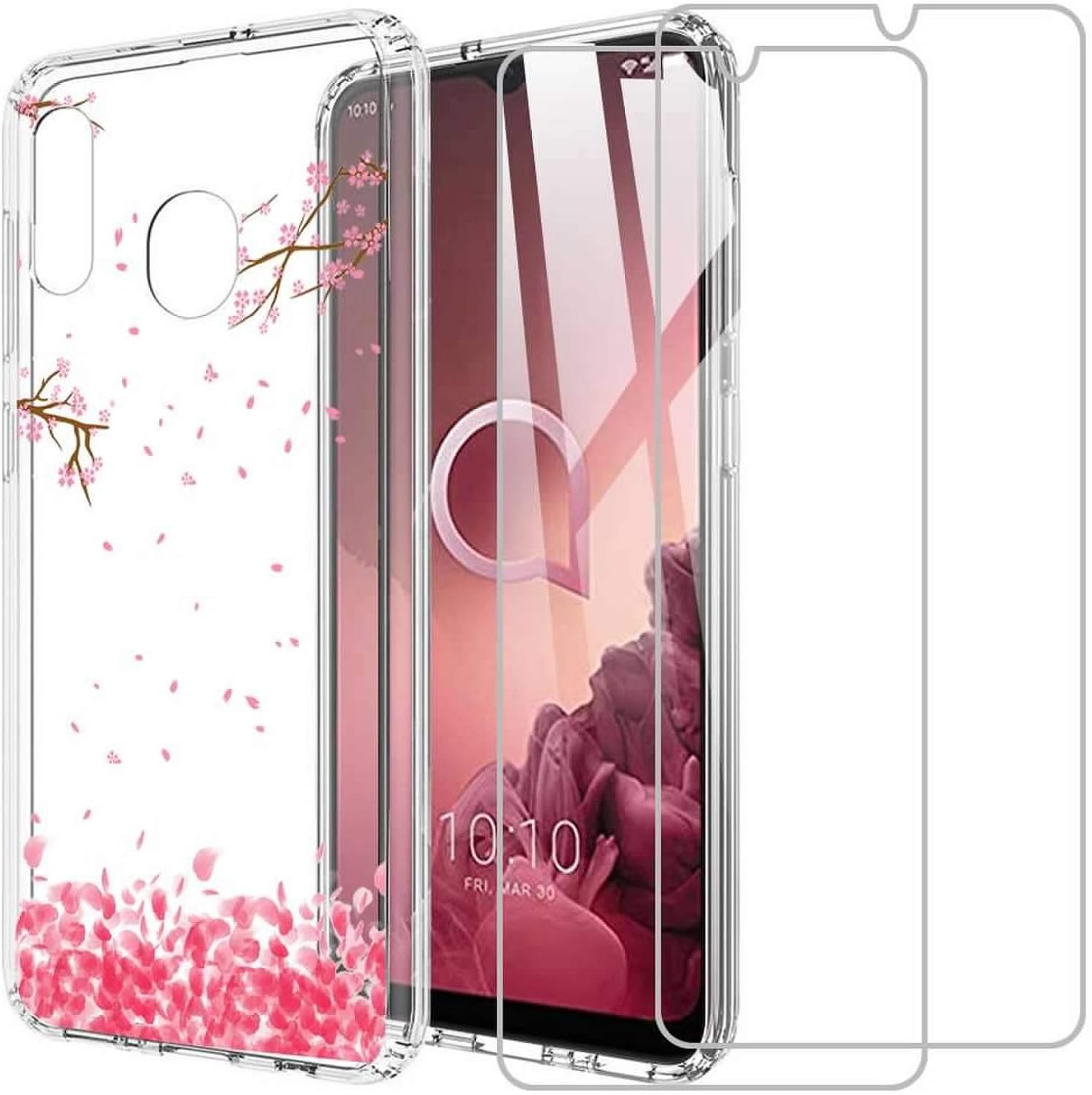 (3 in 1) for Alcatel 3X 2019 Case + (2 Pack) Glass Screen Protector Slim Clear Soft TPU Silicone Phone Case Cover with (Flower 6) Transparent for Alcatel 3X 2019