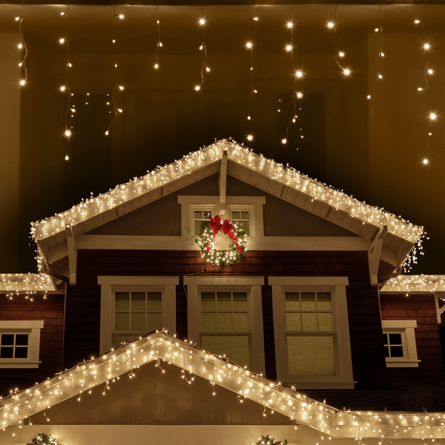 ANSIO® Outdoor Christmas Lights 760 LED 26m/83ft Icicle Lights Outdoor & Indoor Warm White Decorations String Fairy Outside Lights with Timer for Xmas Garden & Party | Mains Powered Clear Cable