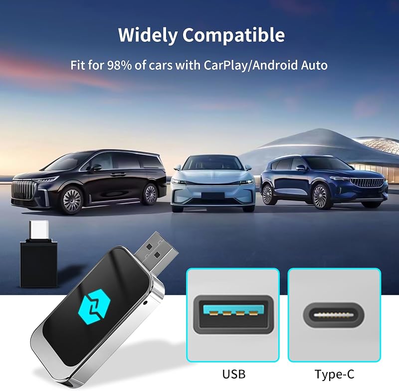 Adattatore Carplay Wireless e Android Auto Wireless, Conversione di Android Auto/Carplay Cablato in Wireless, Type-C e USB, Plug and Play per iOS 10+/Android 11+ — foto 7 di 8